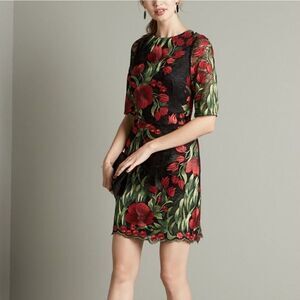 Aidan Mattox Embroidered Floral Illusion Sheath Dress in Black & Red